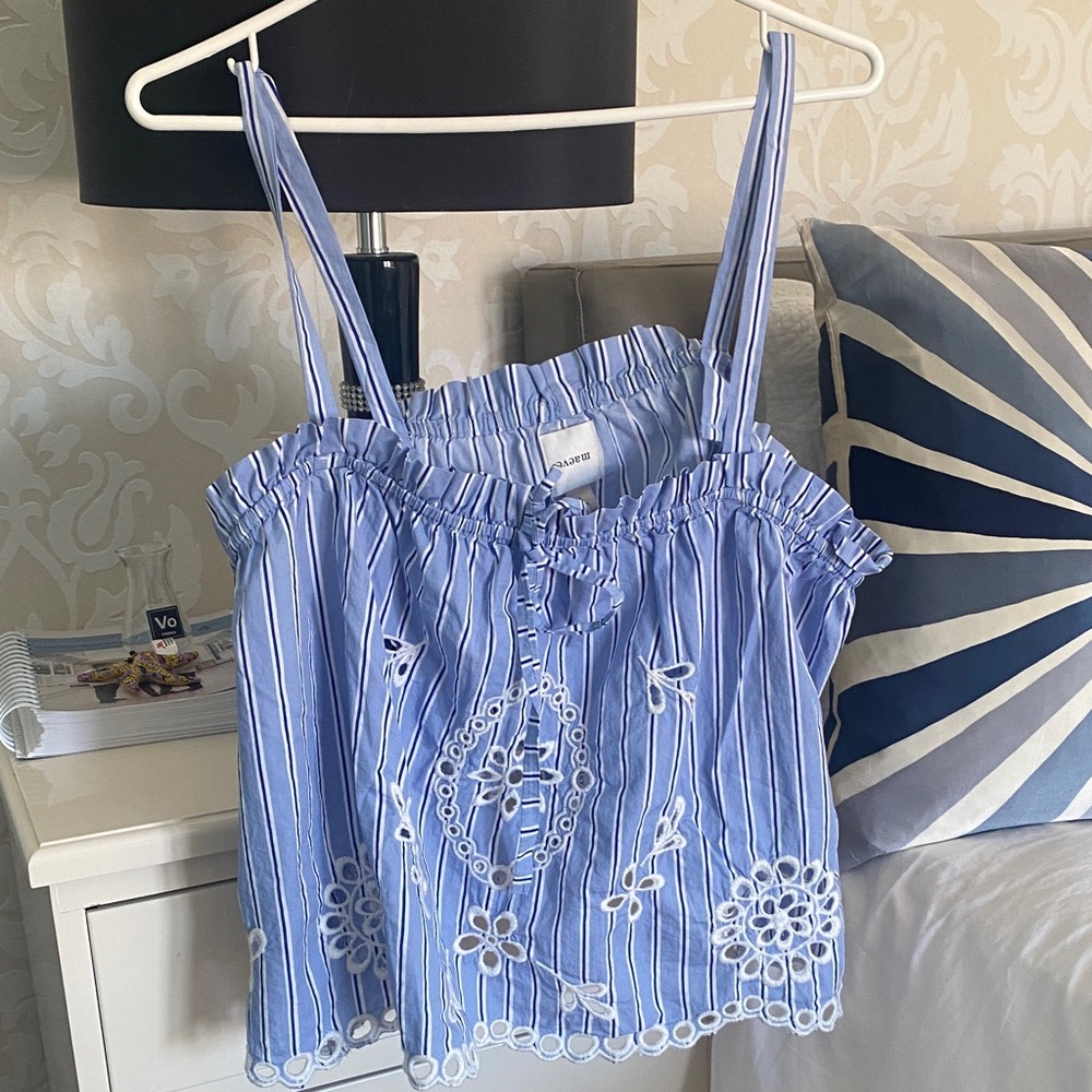 Anthropologie Navy and White Embroidered Tank Top